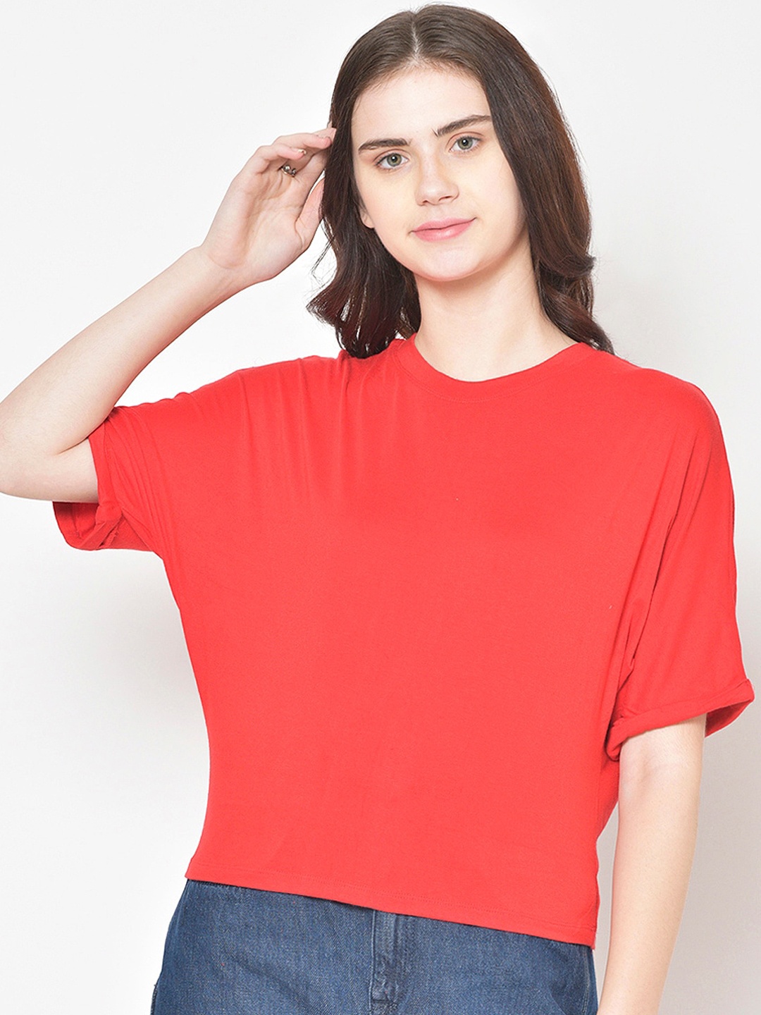 

Cation Women Coral Red Solid Pure Cotton Top