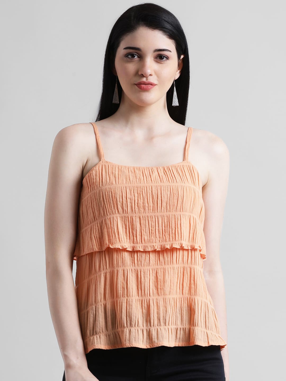 

Zink London Women Peach-Coloured Solid Tiered Pure Cotton Top