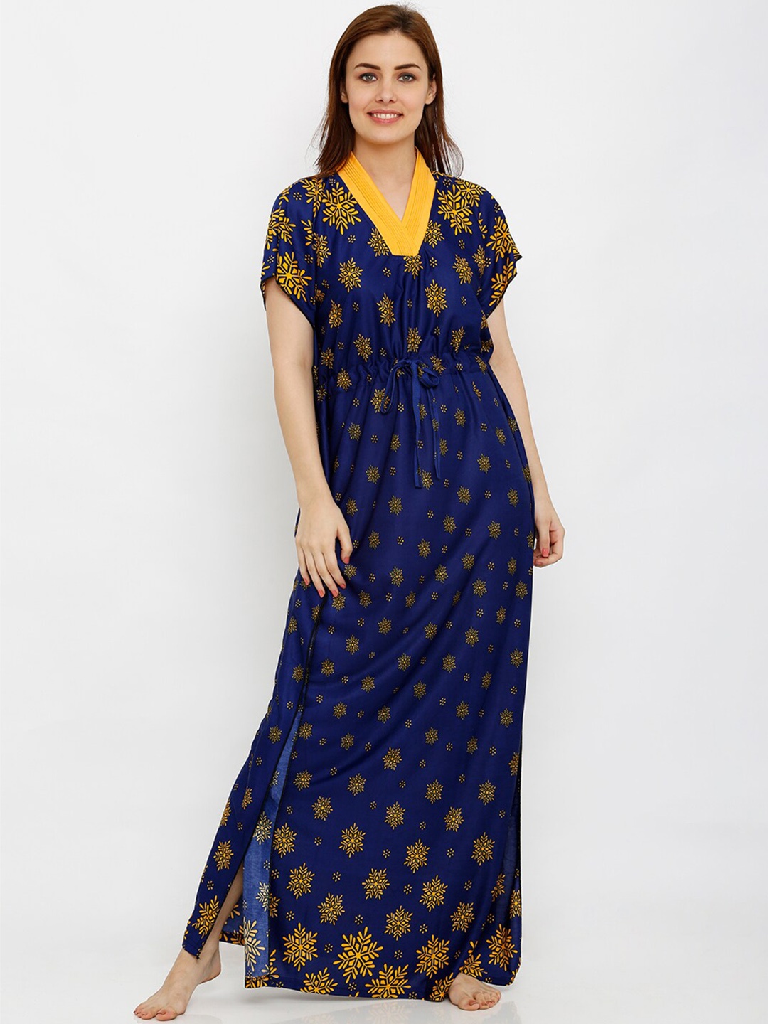 

Pretty Awesome Women Navy Blue & Yellow Printed Kaftan Maxi Nightdress