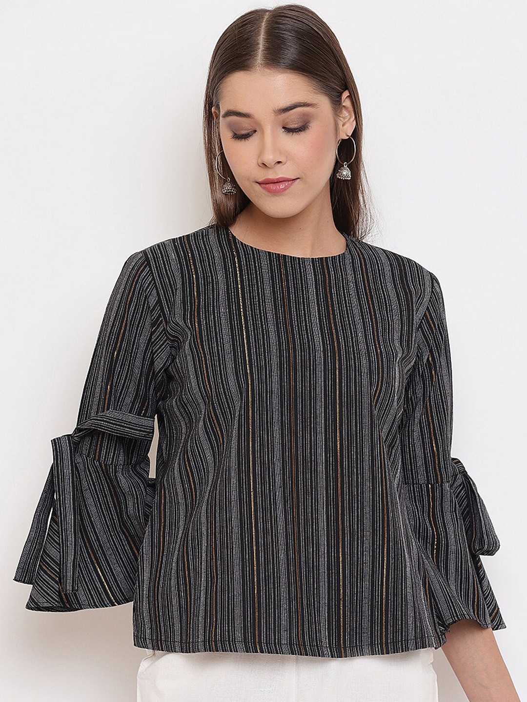 

Janasya Women Black Striped Pure Cotton Top