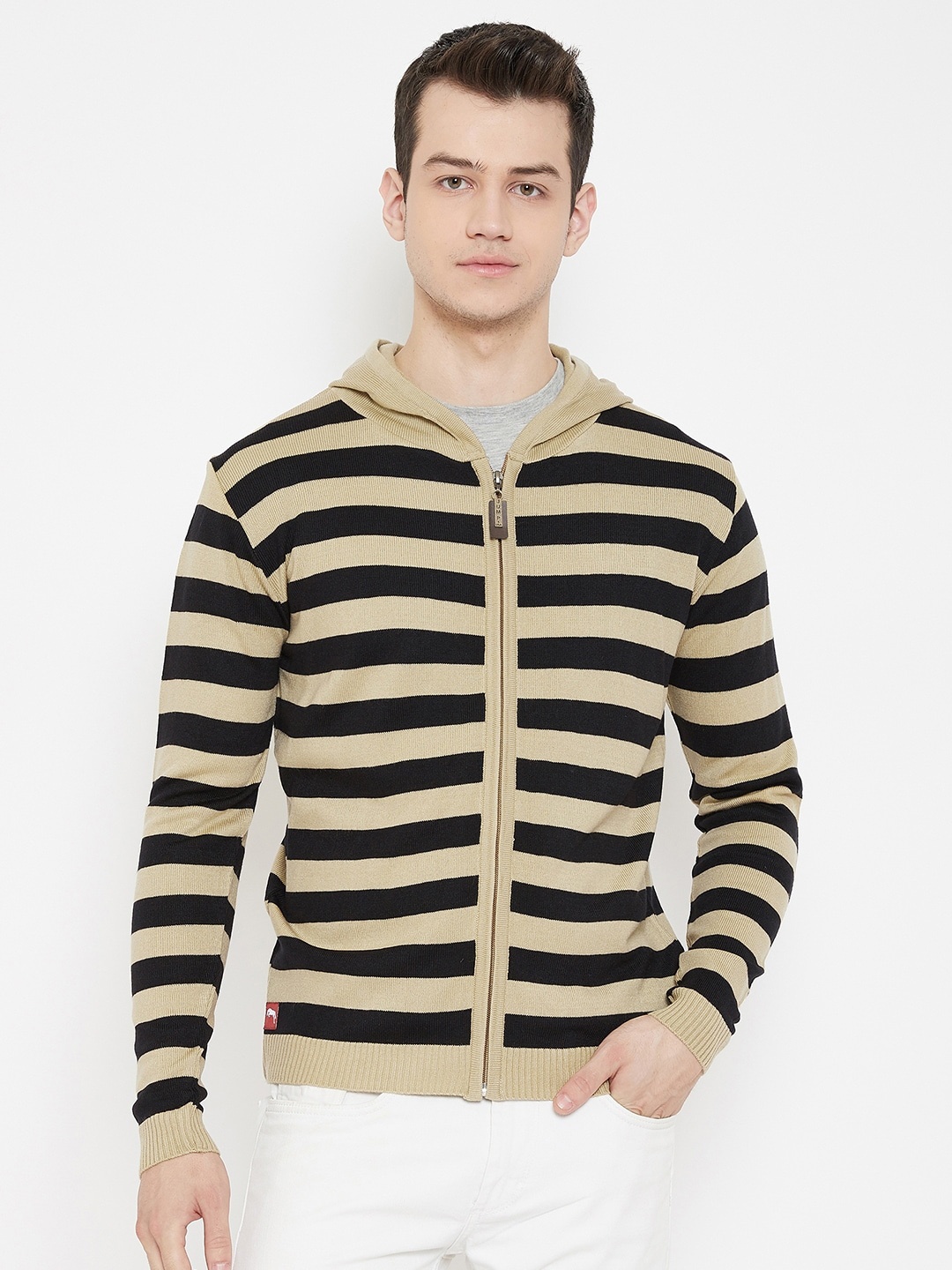 JUMP USA Men Beige & Black Striped Hood Casual Front-Open Acrylic Sweaters