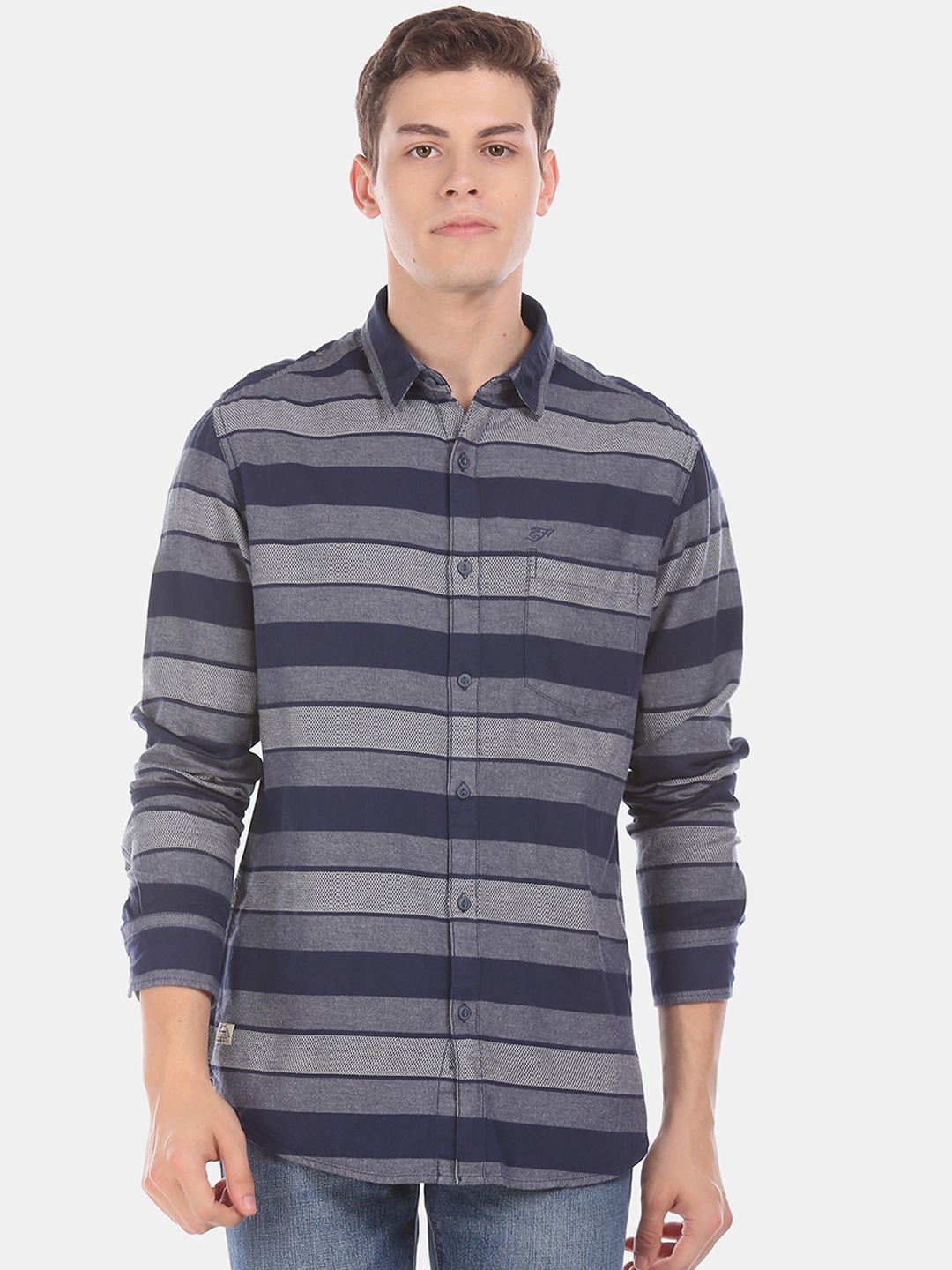 

Ed Hardy Men Blue & Grey Regular Fit Striped Casual Shirt
