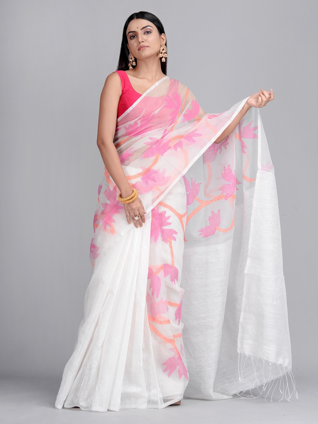 

Mitera White & Pink Pure Silk Woven Design Taant Saree