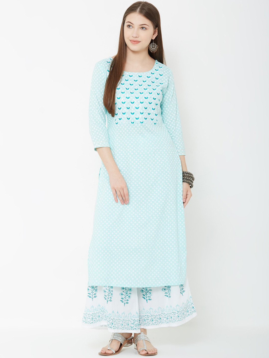 

FASHOR Women Blue & White Yoke Design Kurta with Palazzos
