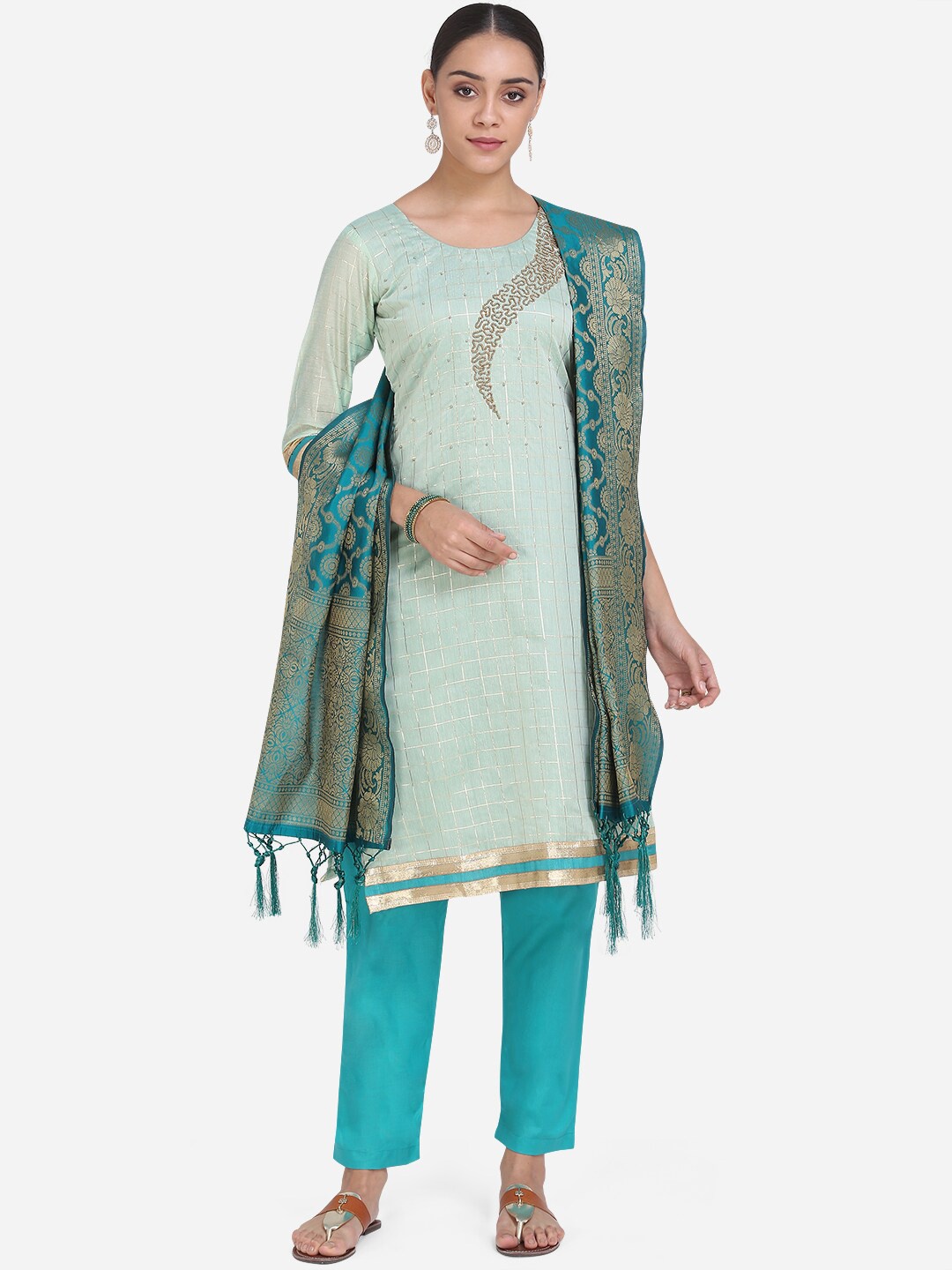 

Ethnic Junction Green & Turquoise Blue Silk Blend Unstitched Dress Material