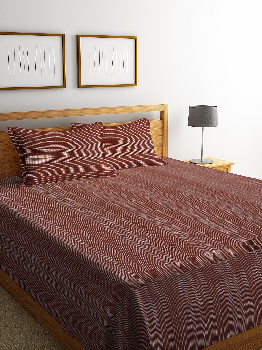 KLOTTHE Brown & White Abstract Print Double Bed Cover With 2 Pillow Covers