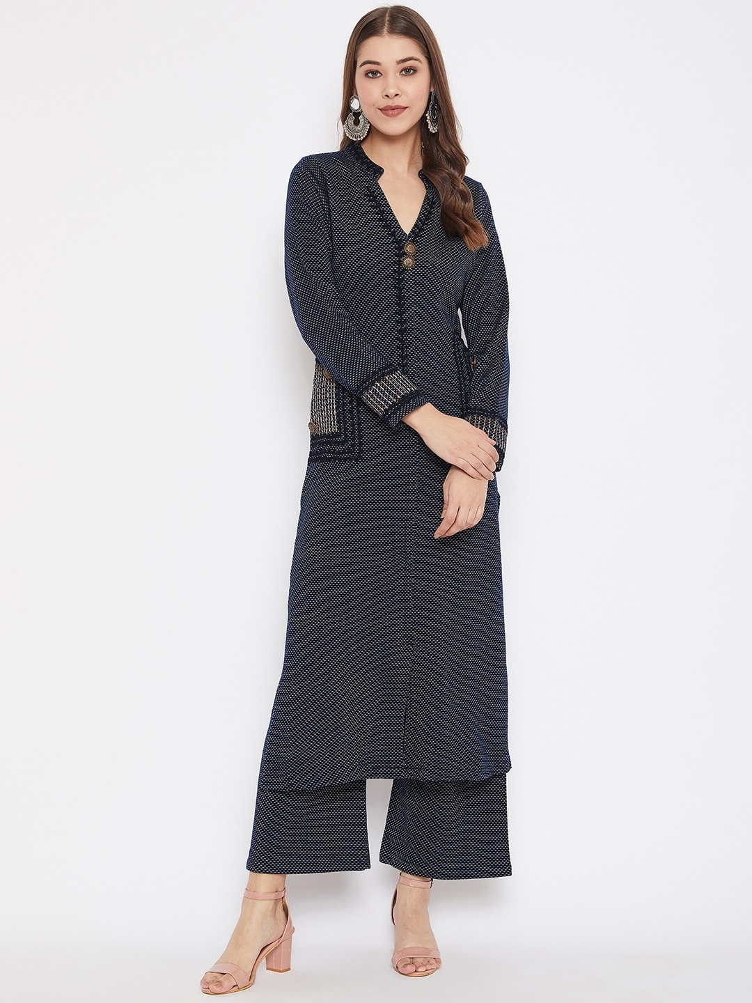 

Zigo Women Navy Blue Woven Design Kurta with Palazzos