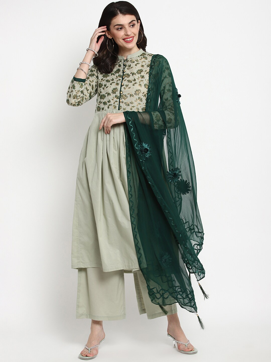 

Tulsattva Women Green Yoke Design Kurta with Palazzos & Dupatta