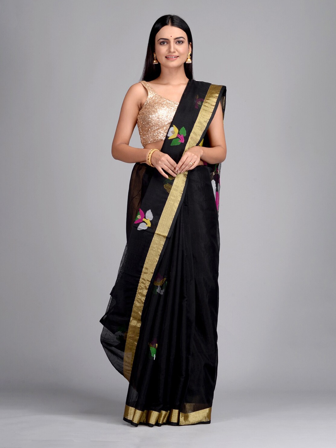 

Mitera Black & Gold-Coloured Silk Blend Woven Design Taant Saree