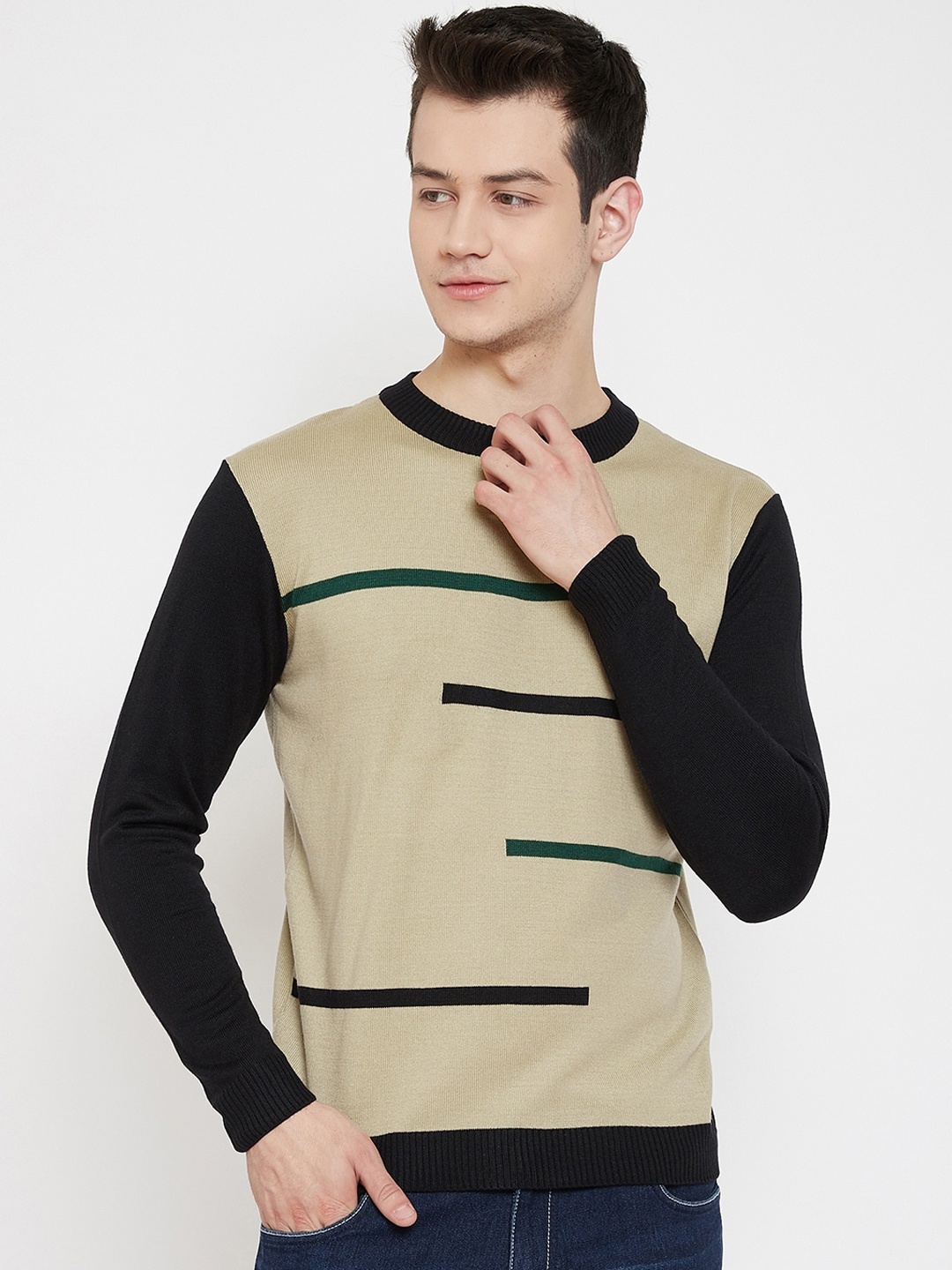 JUMP USA Men Acrylic Beige & Black Striped Pullover Sweater