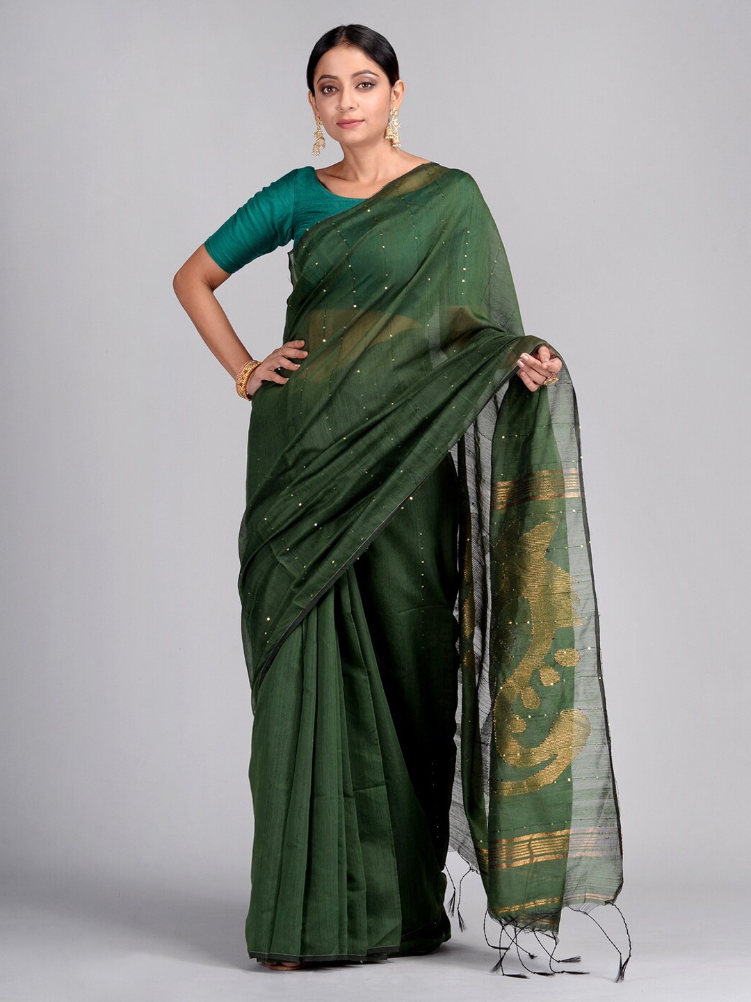 

Mitera Green Cotton Blend Printed Taant Saree