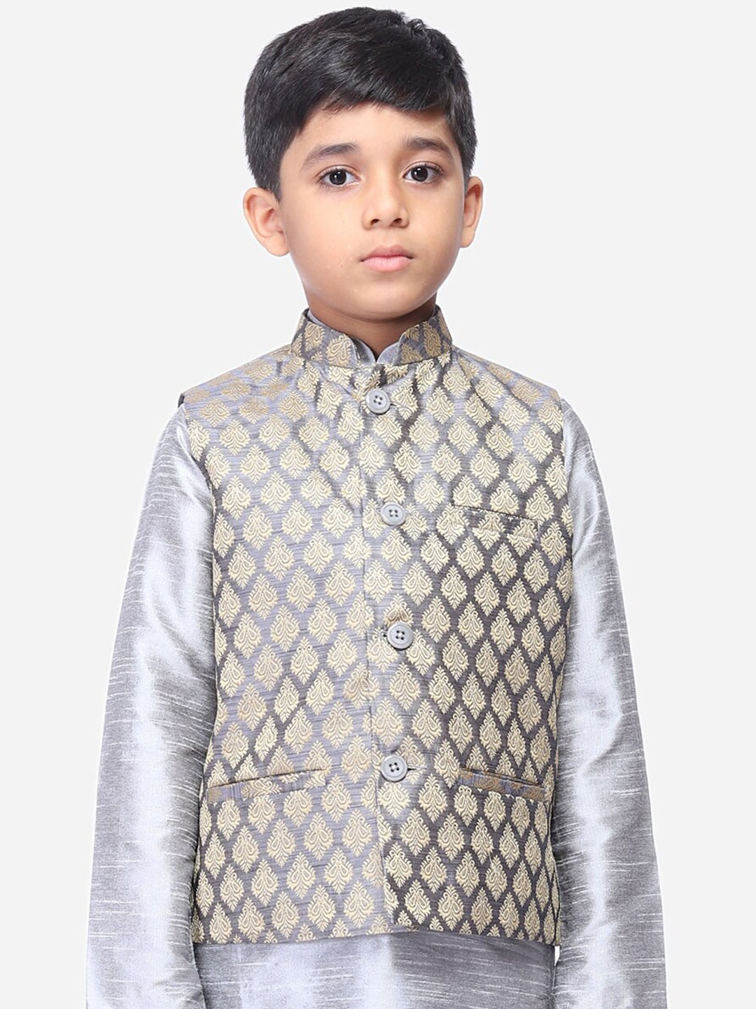 

NAMASKAR Boys Silver-Coloured & Beige Woven Design Nehru Jacket