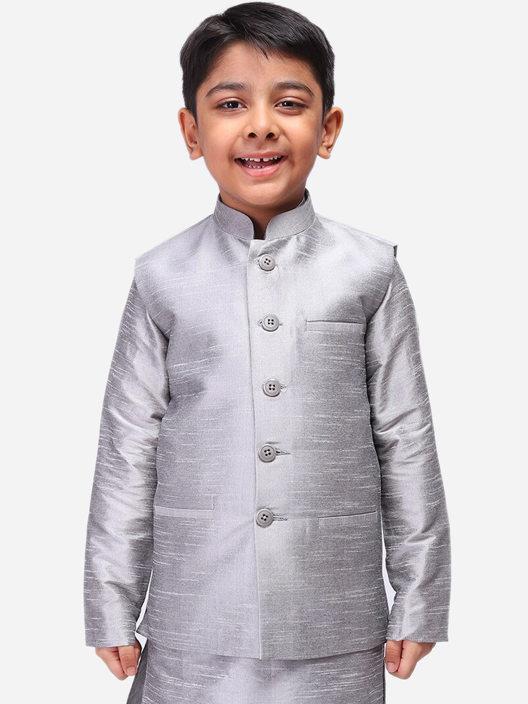 

NAMASKAR Boys Silver-Coloured Solid Nehru Jacket