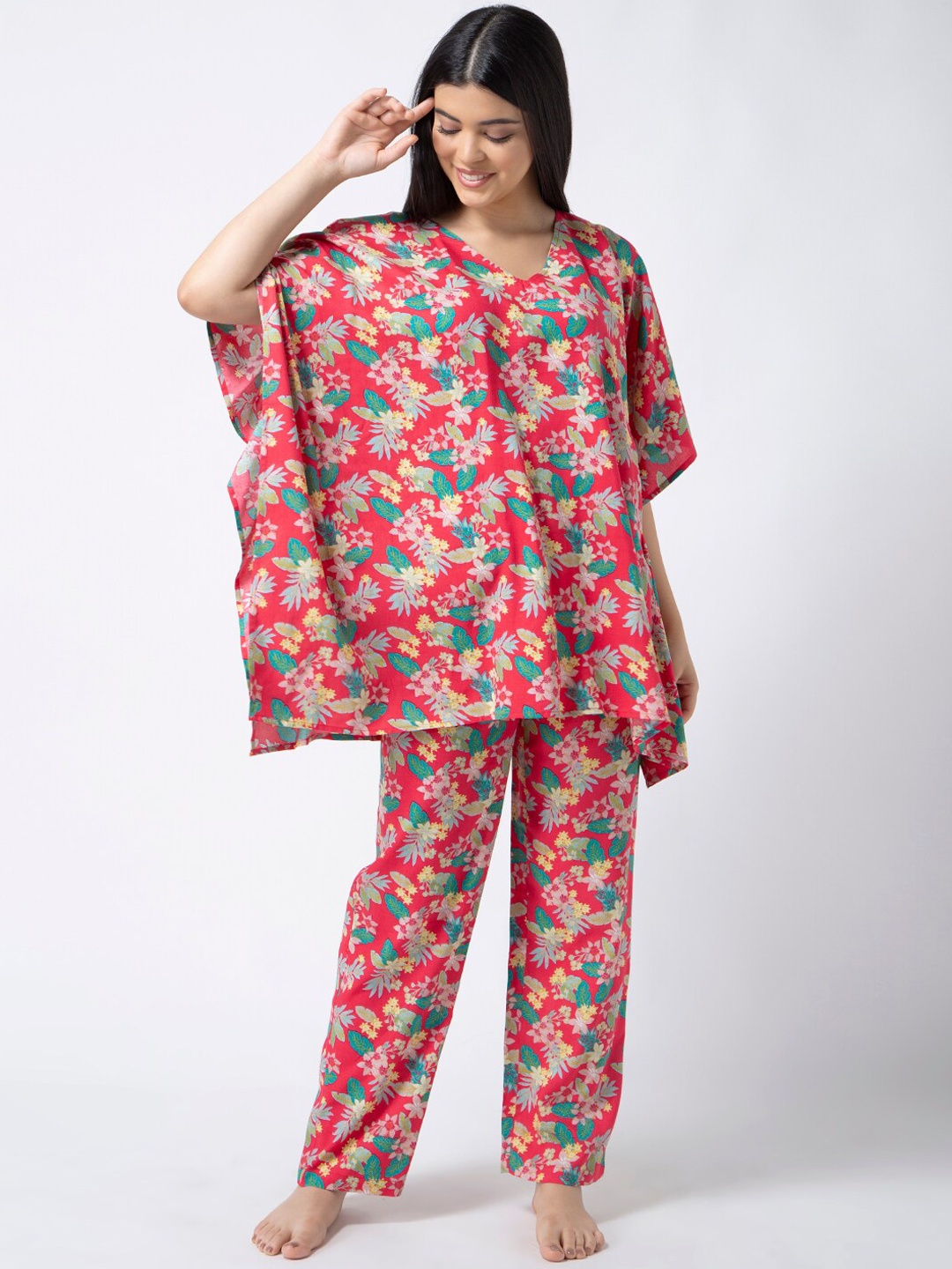 

ADORENITE Women Red & Pink Printed Night Suit