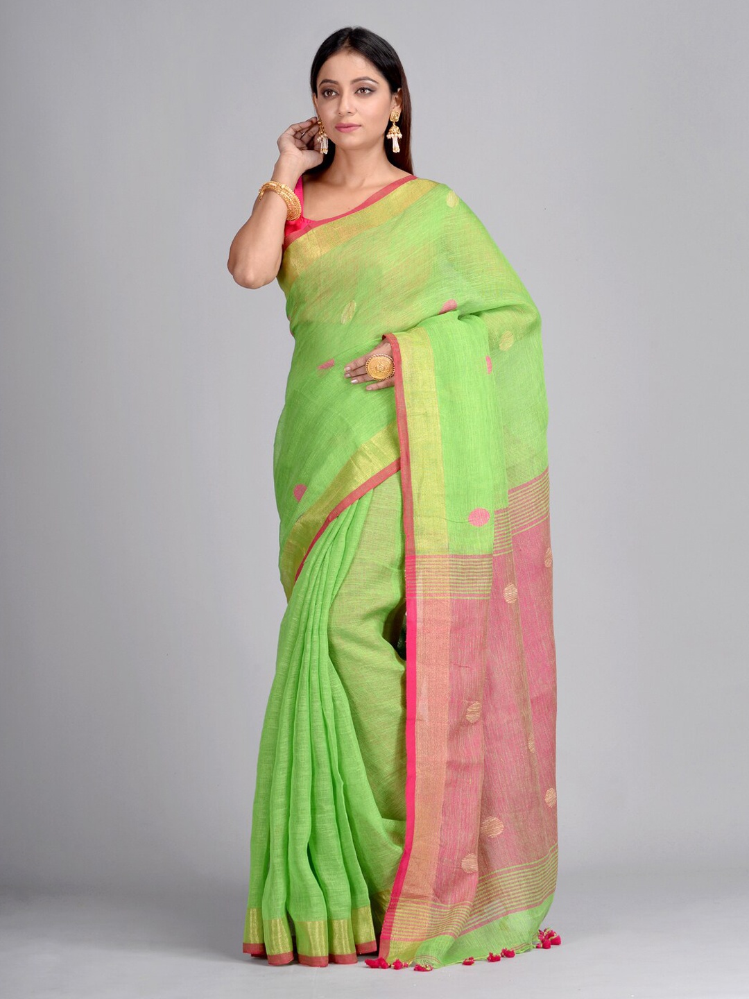 

Mitera Green & Pink Pure Linen Embroidered Taant Saree