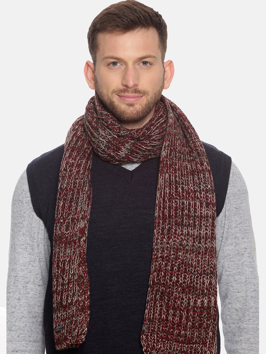 

513 Men Beige & Red Woven Design Mufflers, Maroon