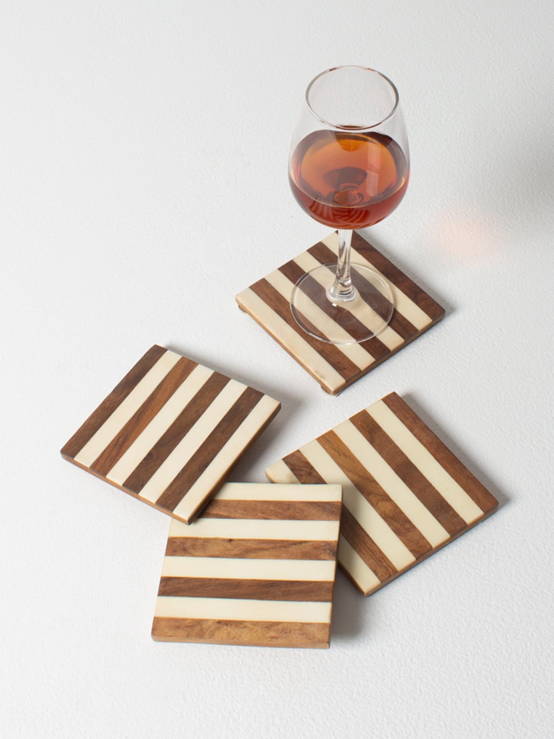 CASA DECOR Set Of 4 Off-White & Brown Striped Square Handcrafted Wooden Coasters