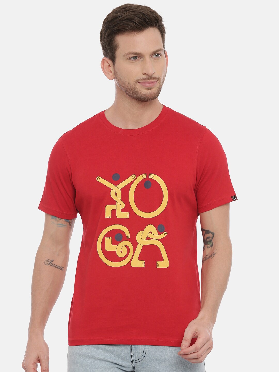 Bushirt Men Red Printed Round Neck Pure Cotton T-shirt