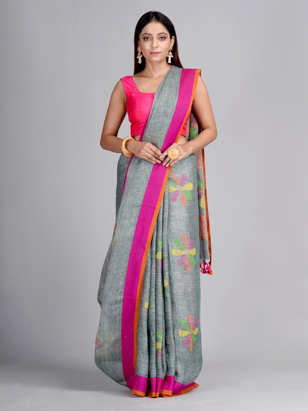 

Mitera Grey & Pink Pure Linen Woven Design Taant Saree