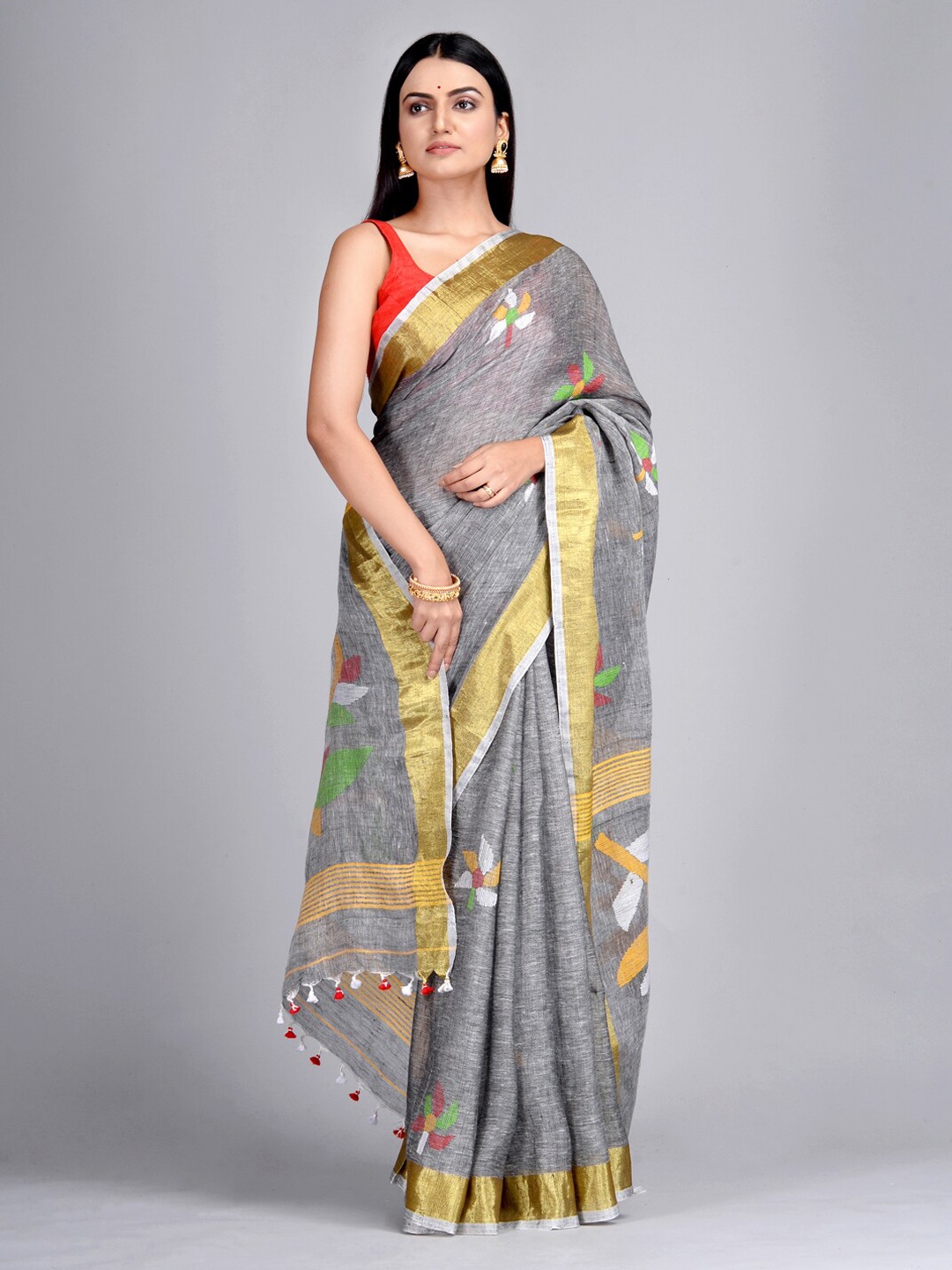 

Mitera Grey & Mustard Yellow Pure Linen Printed Taant Saree
