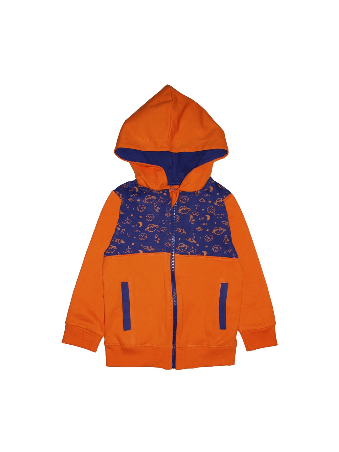 

KiddoPanti Boys Orange & Navy Blue Printed Hooded Sweatshirt
