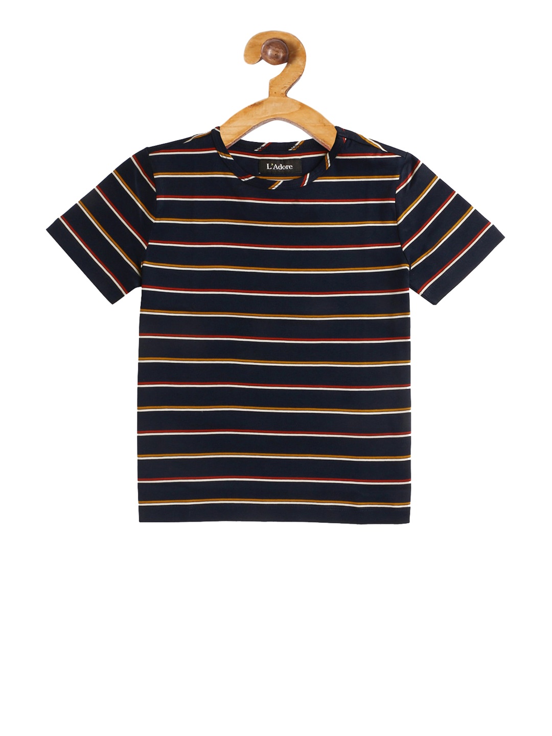 

LAdore Unisex Kids Navy Blue Striped Round Neck Pure Cotton T-shirt