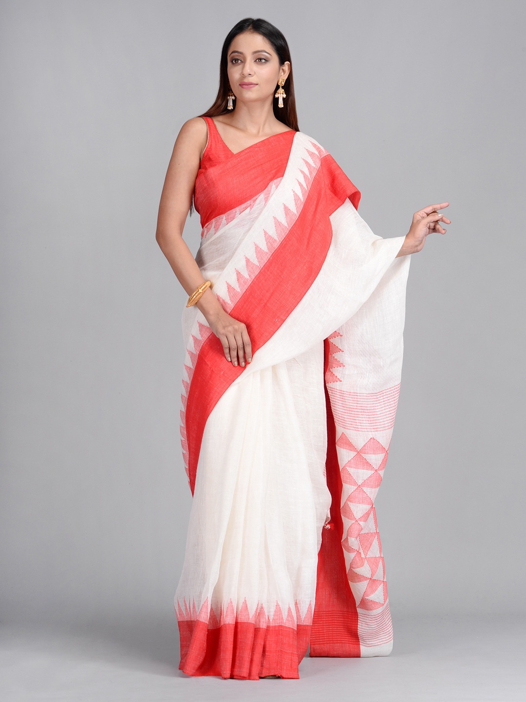 

Mitera White & Red Pure Linen Solid Taant Saree