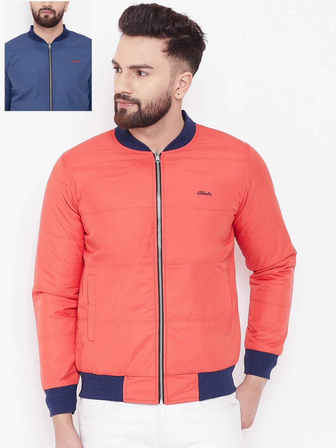 

Adobe Men Orange & Blue Solid Reversible Padded Jacket