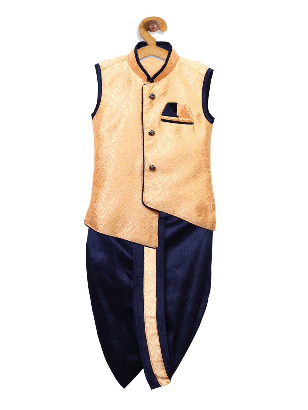 

Ridokidz Boys Rose Gold & Navy Blue Self Design Waistcoat with Dhoti Pants
