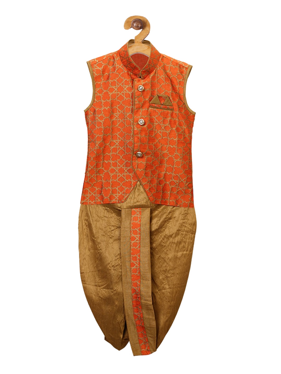 

Ridokidz Boys Orange & Brown Woven Design Waistcoat with Dhoti Pants
