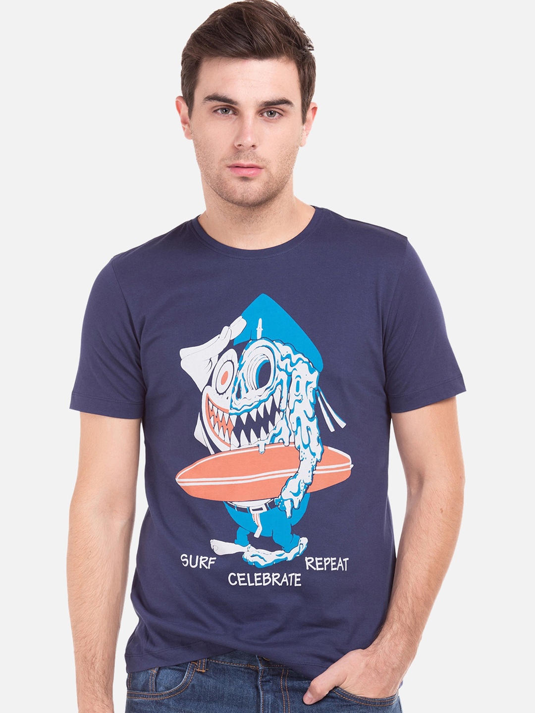 Colt Men Navy Blue Printed Round Neck T-shirt