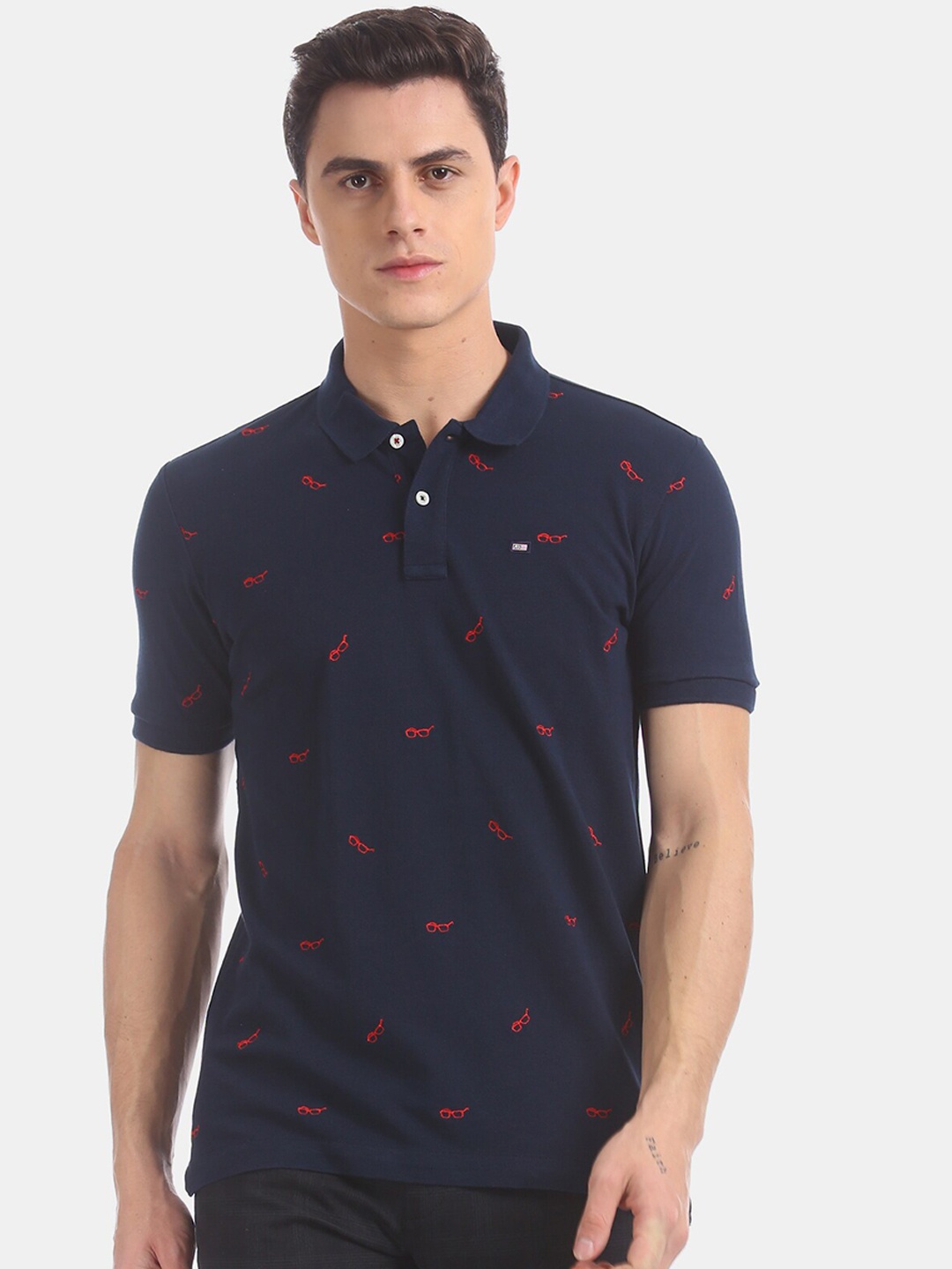 

Arrow Sport Men Blue Pure Cotton Printed Mandarin Collar Pure Cotton T-shirt
