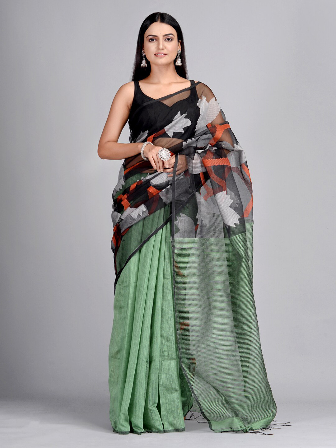 

Mitera Green & Black Pure Silk Printed Taant Saree