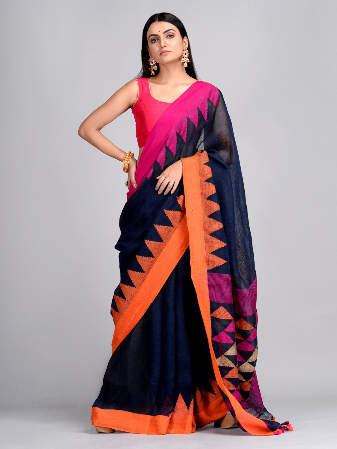 

Mitera Navy Blue & Orange Pure Linen Woven Design Taant Saree