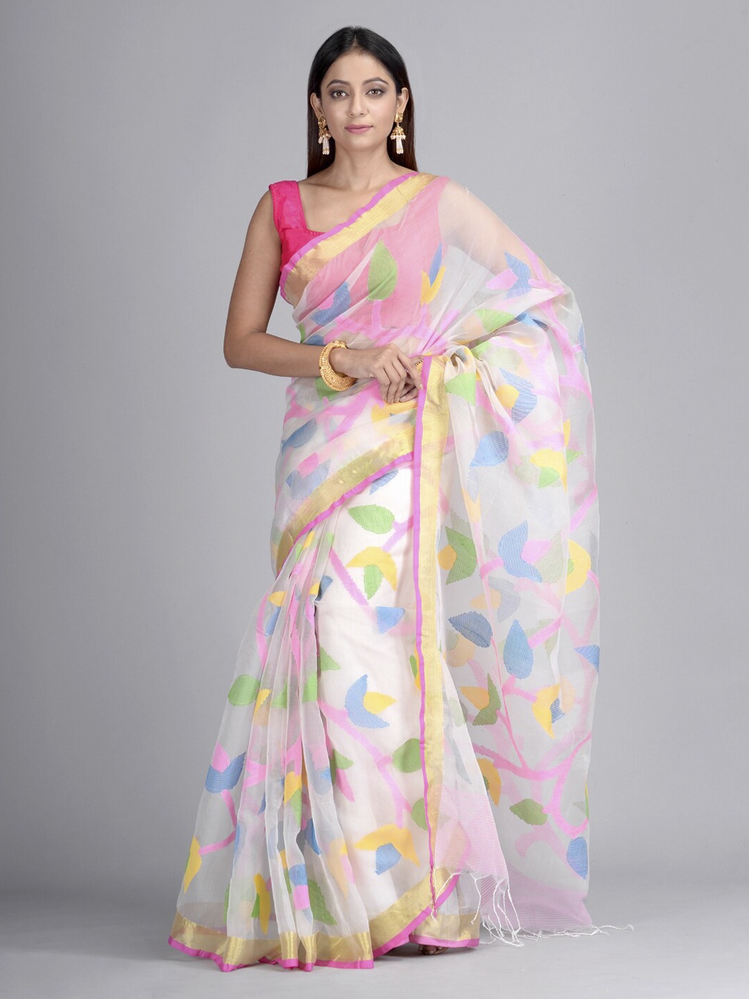 

Mitera Multicoloured Pure Silk Printed Taant Saree, Multi