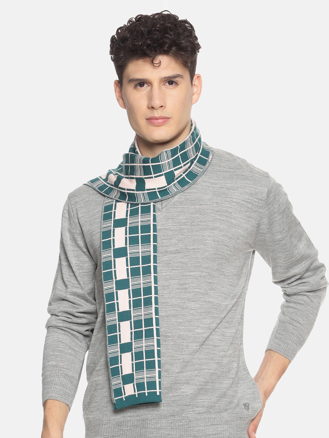 

513 Men Teal Blue & White Checked Muffler
