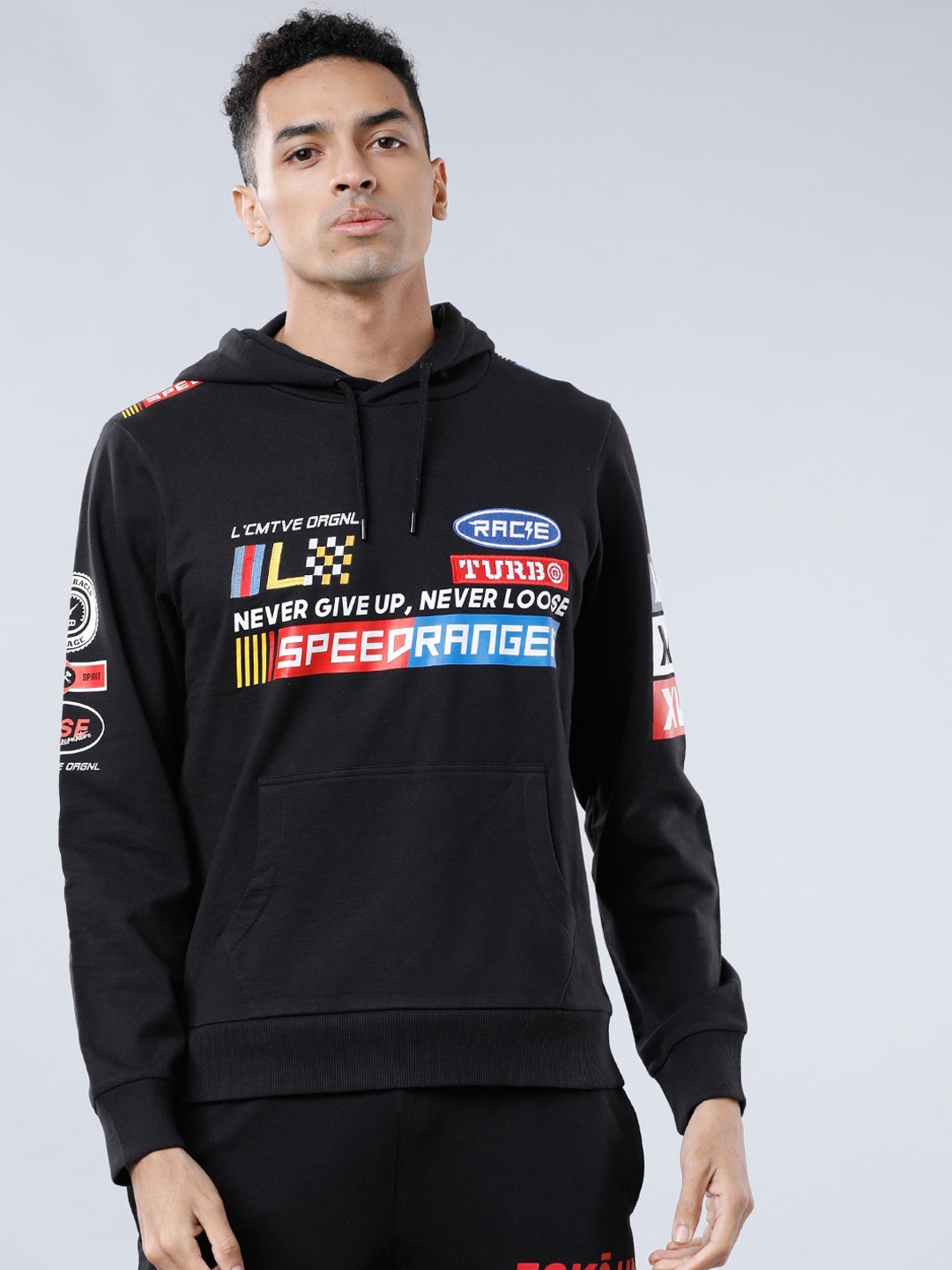 LOCOMOTIVE Men Black Printed Hooded Sweatshirt
