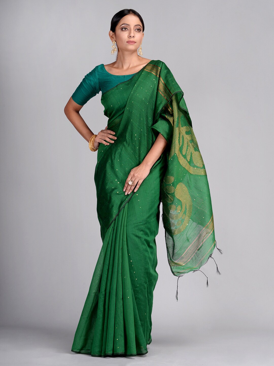 

Mitera Green Cotton Blend Handloom Woven Design Taant Saree