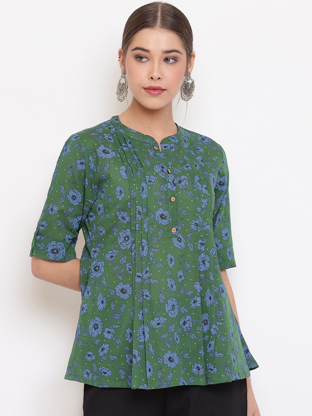 

Janasya Women Green Printed Shirt Style Top