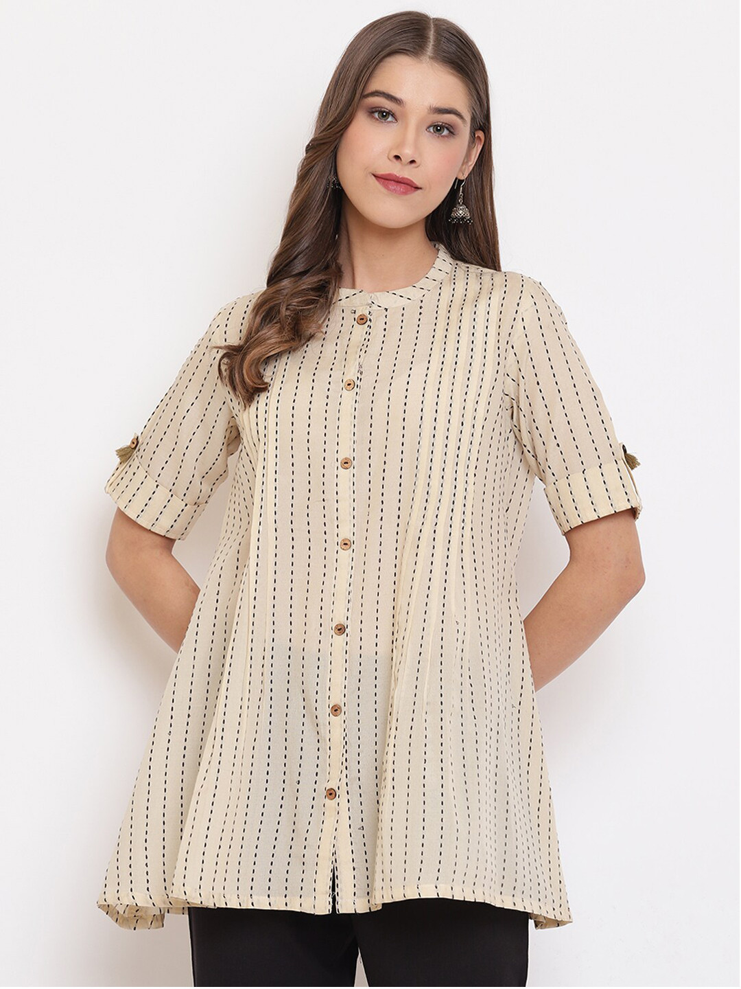 

Janasya Women Beige Striped A-Line Longline Top