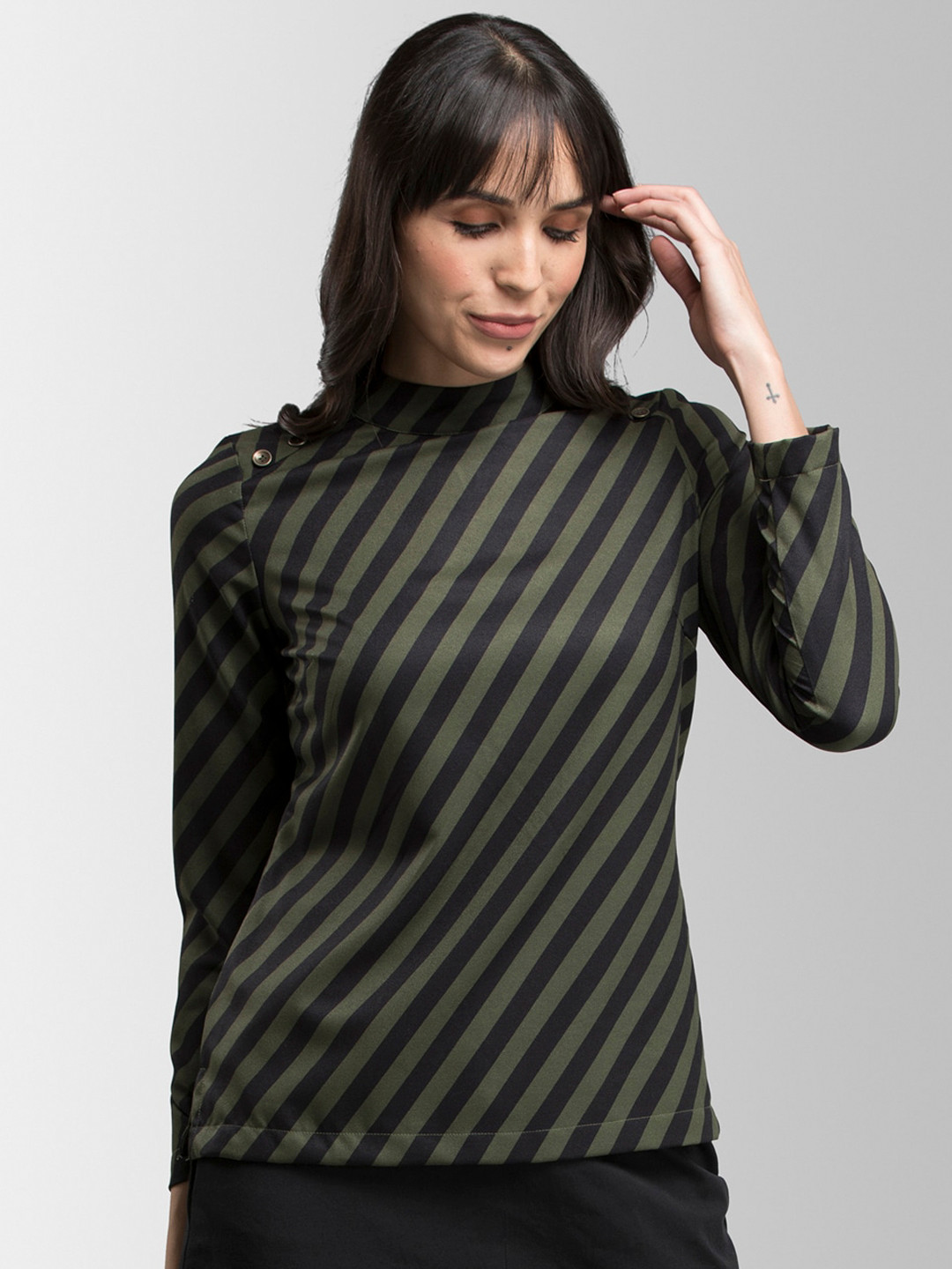 

FableStreet Women Olive Green & Black Striped Top