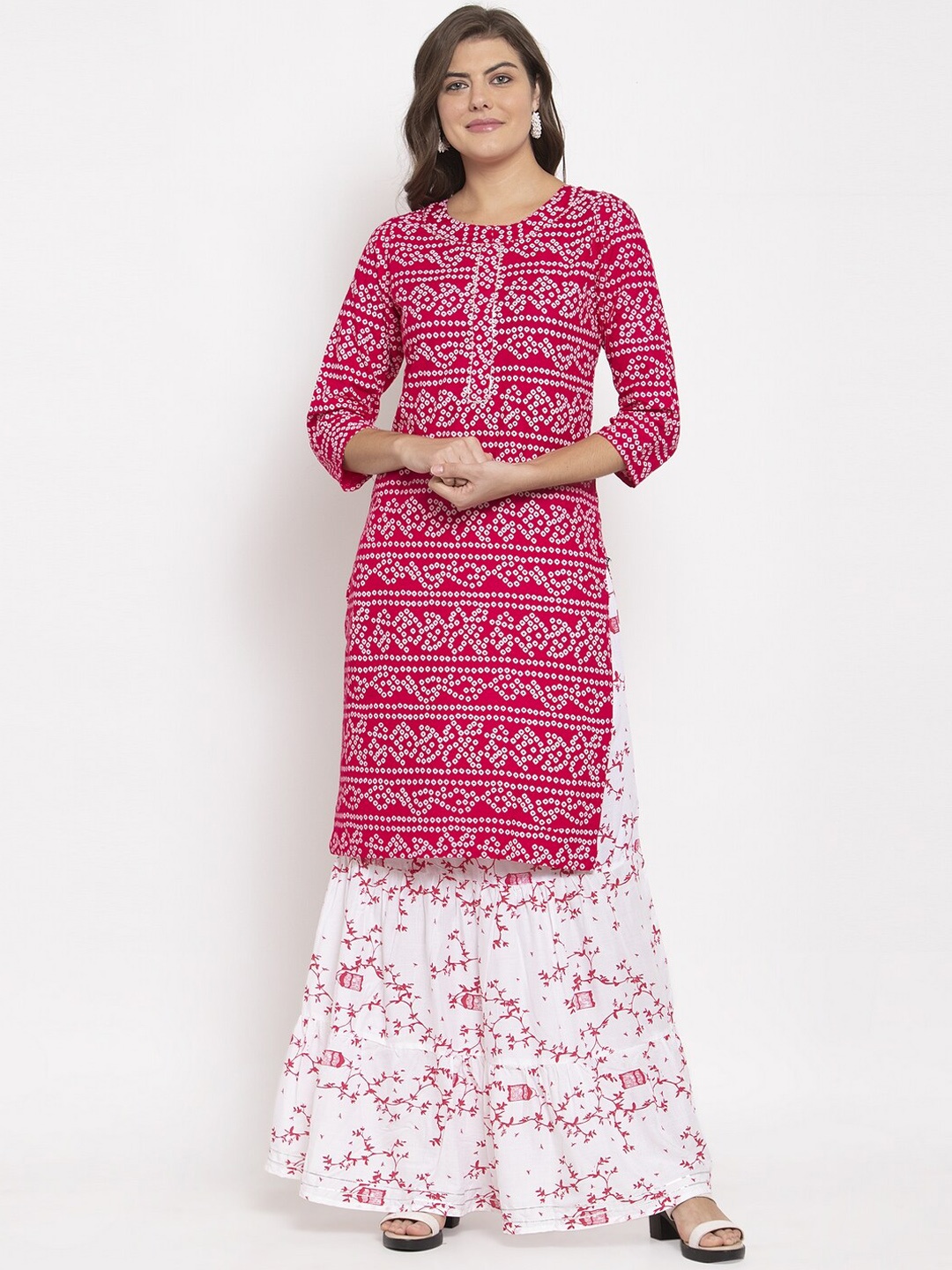 SOUNDARYA Women Pink & White Printed Kurta with Skirt