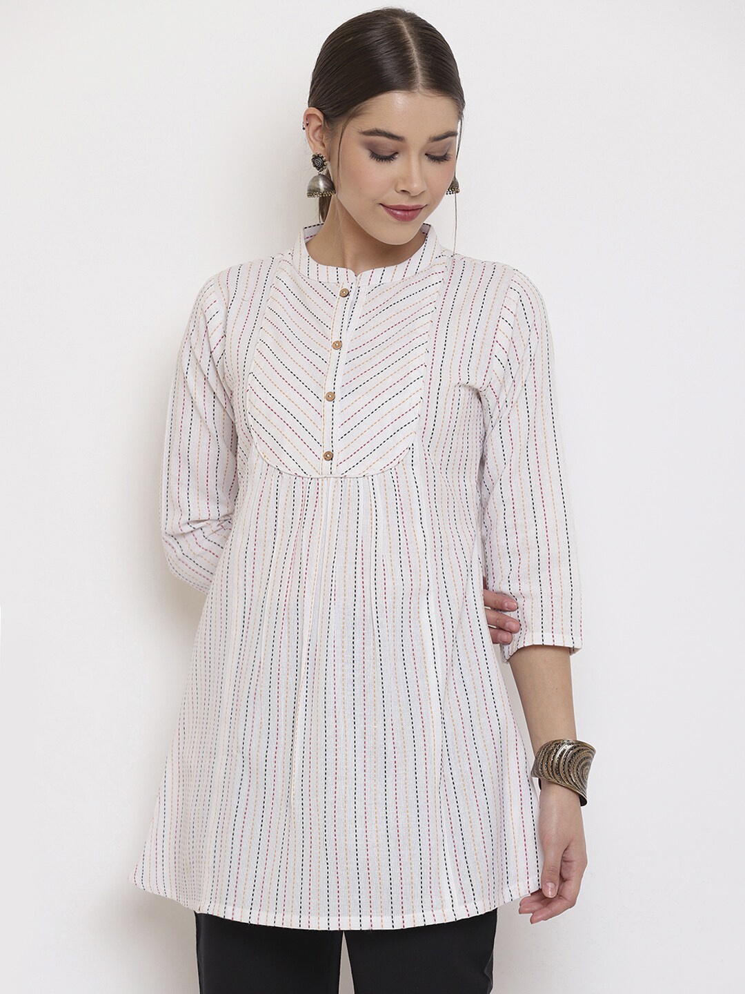 

Janasya Women White Striped A-Line Pure Cotton Top
