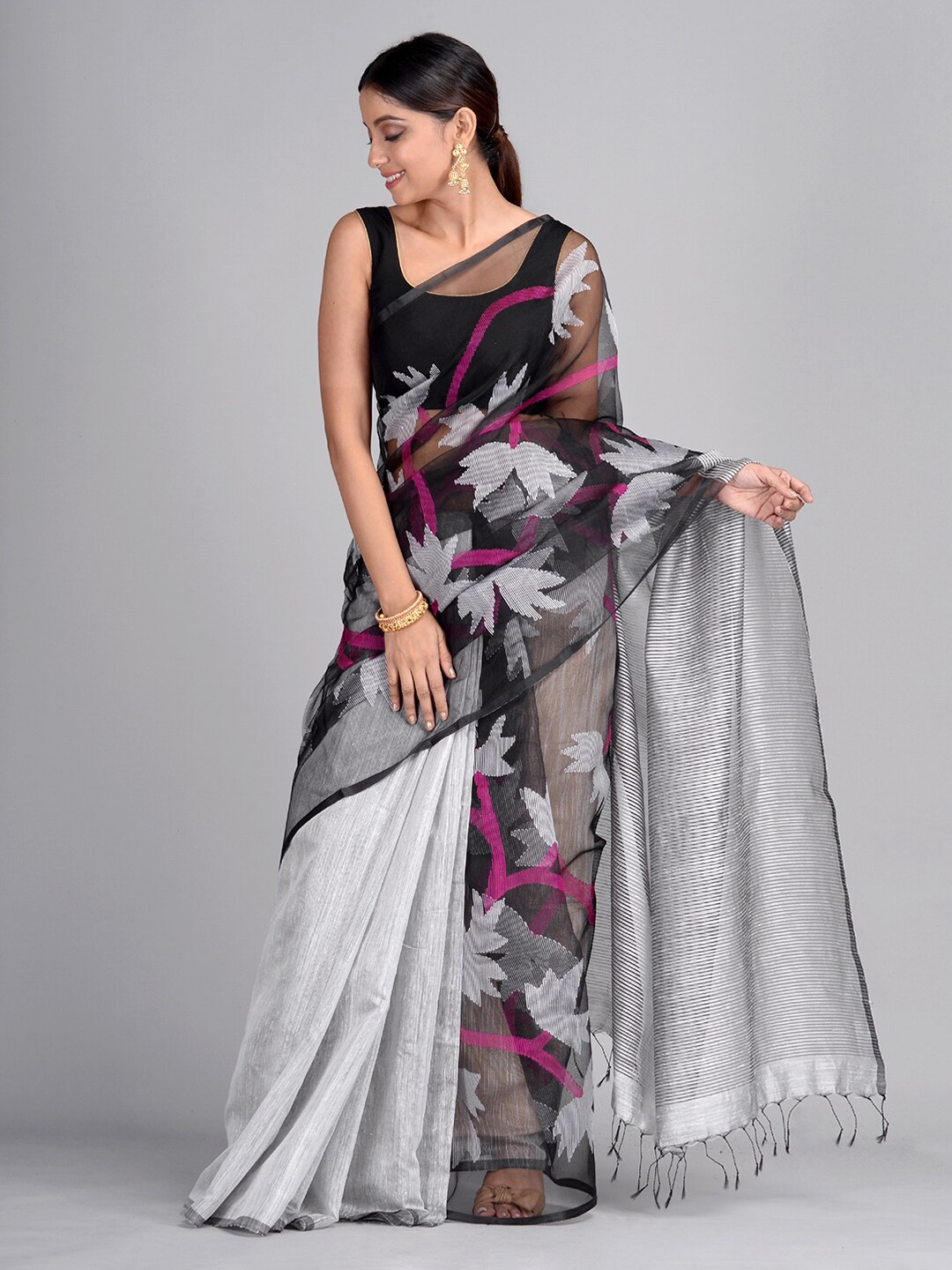 

Mitera Grey & Black Pure Silk Solid Taant Saree