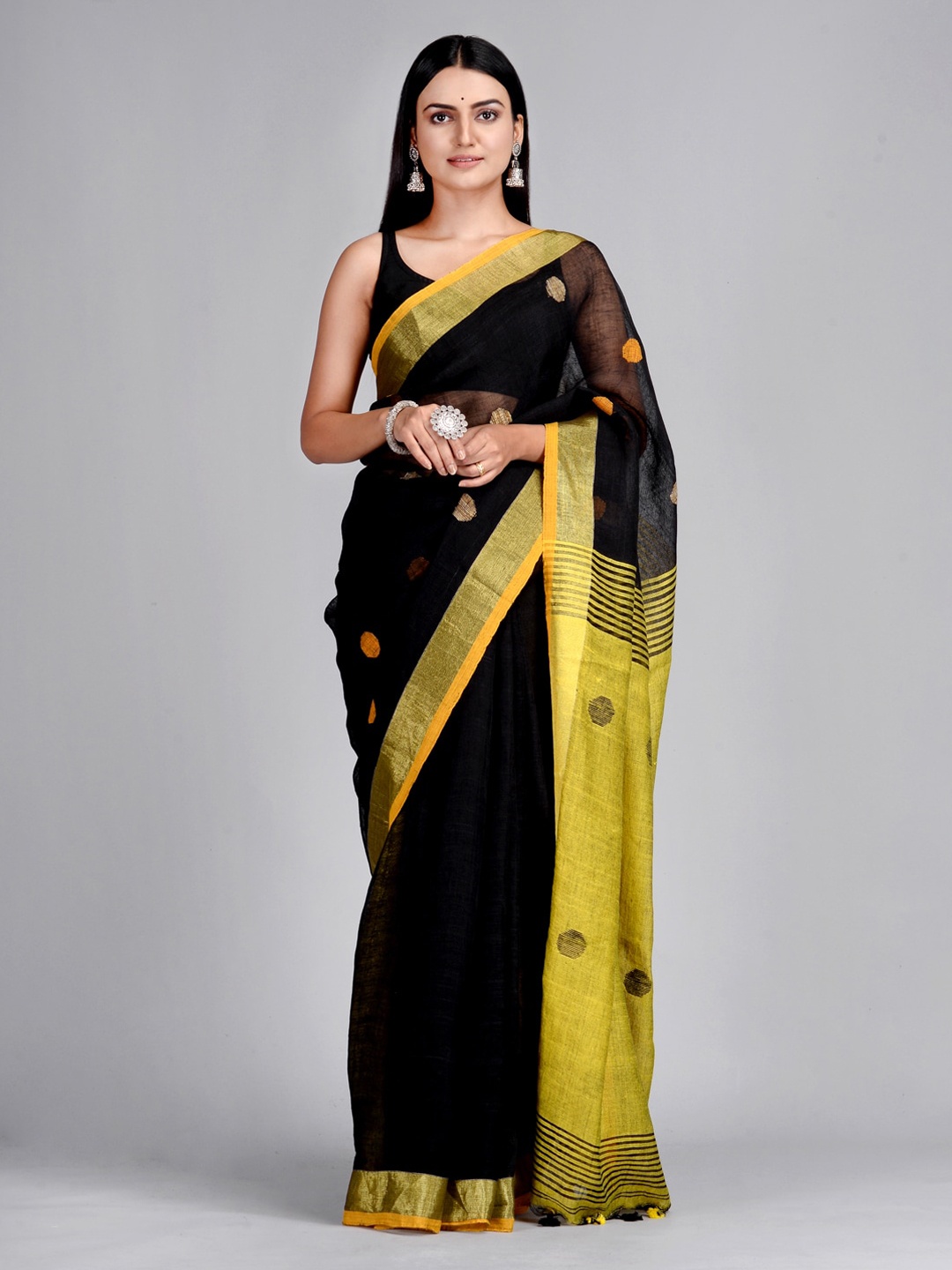

Mitera Black Pure Linen Woven Design Taant Saree