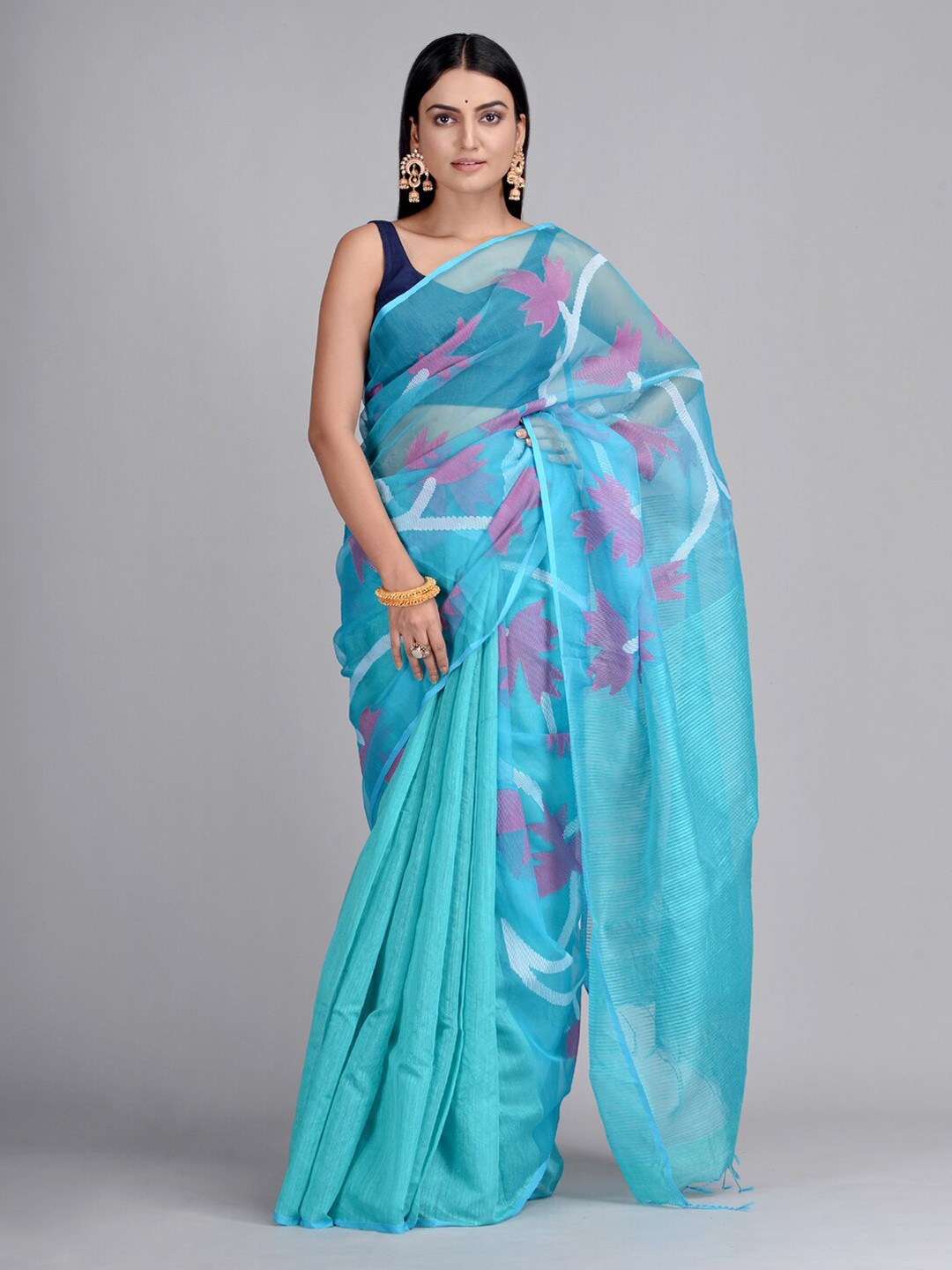 

Mitera Blue Pure Silk Printed Taant Saree