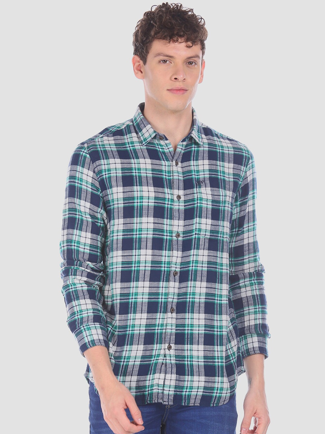 

Ed Hardy Men Blue & Green Regular Fit Checked Casual Shirt