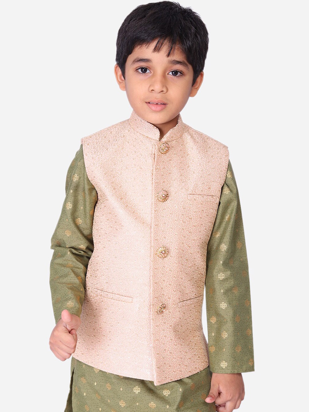 

NAMASKAR Boys Pink & Gold-Coloured Woven Design Nehru Jacket