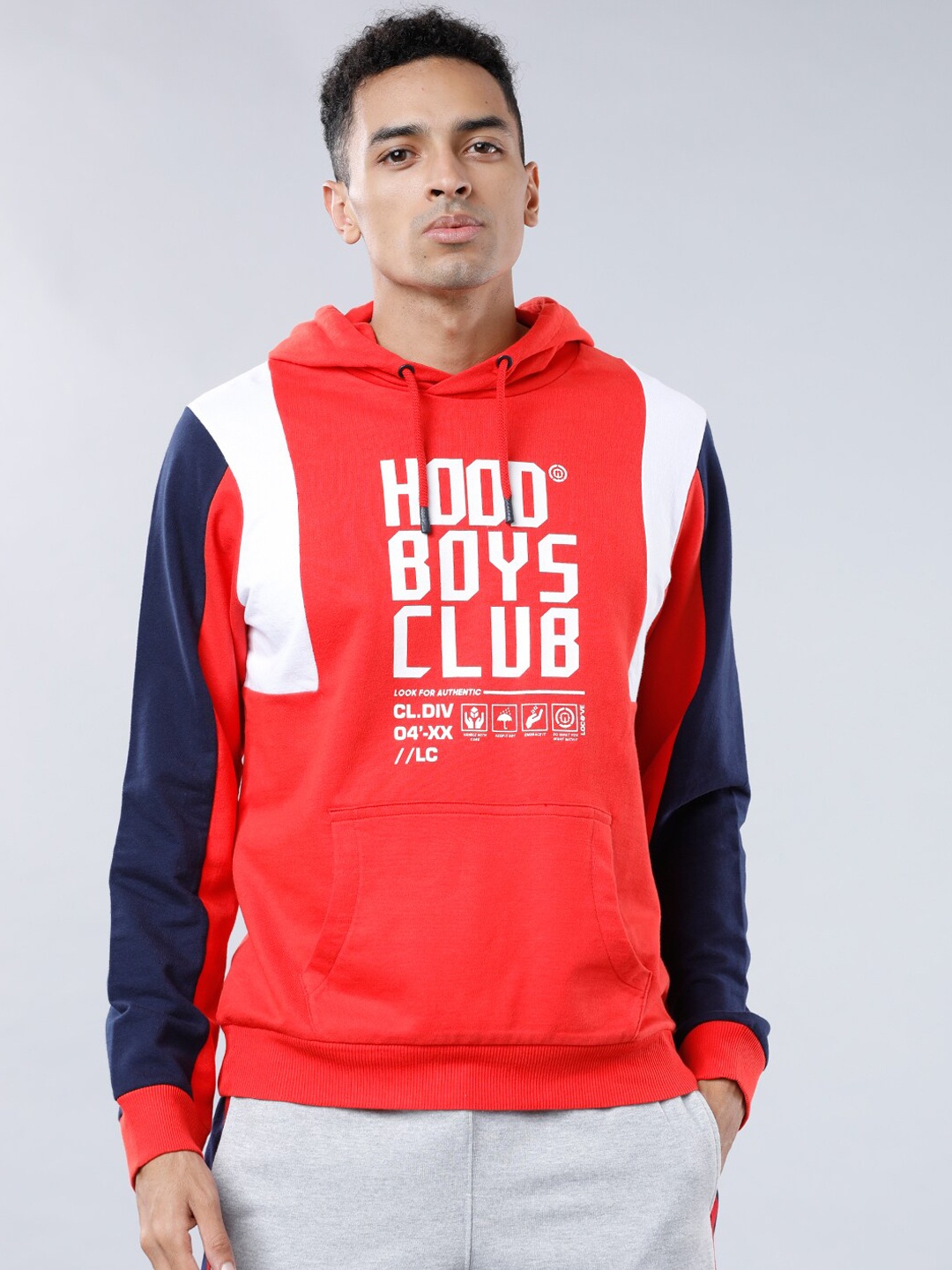 

LOCOMOTIVE Men Red & Navy Blue Printed Hooded Sweatshirt