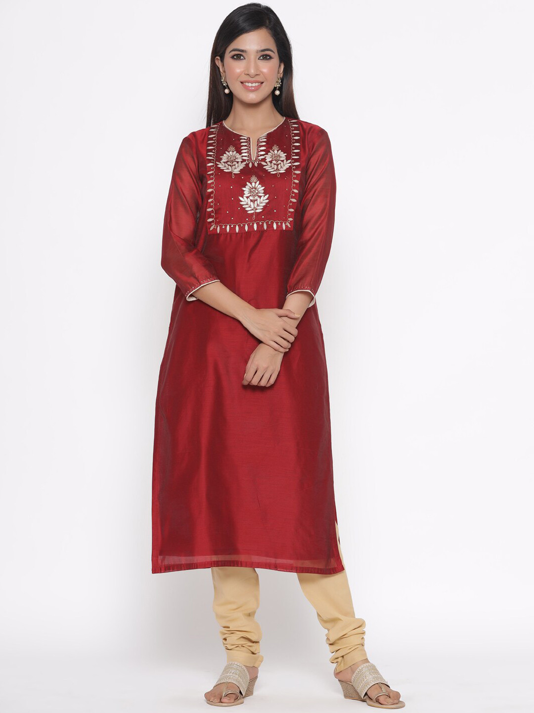 

Silai Bunai Women Maroon Ethnic Motifs Yoke Design Regular Thread Work Chanderi Silk Kurta with Churidar &